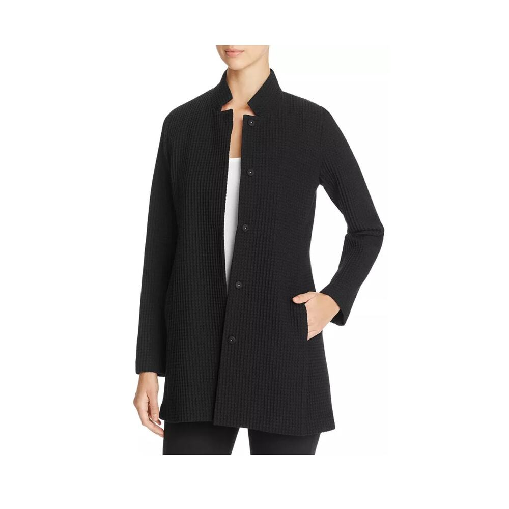 Eileen Fisher Black Stand Collar Waffle Knit Jacket Size Medium